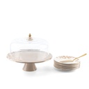 8pcs cake set ( 1big plate w foot n cover  6 small plate 1 ss cake server) - beige+gold   