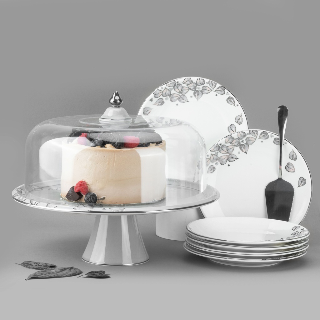 8pcs cake set ( 1big plate w foot n cover  6 small plate 1 ss cake server) - grey+silver   