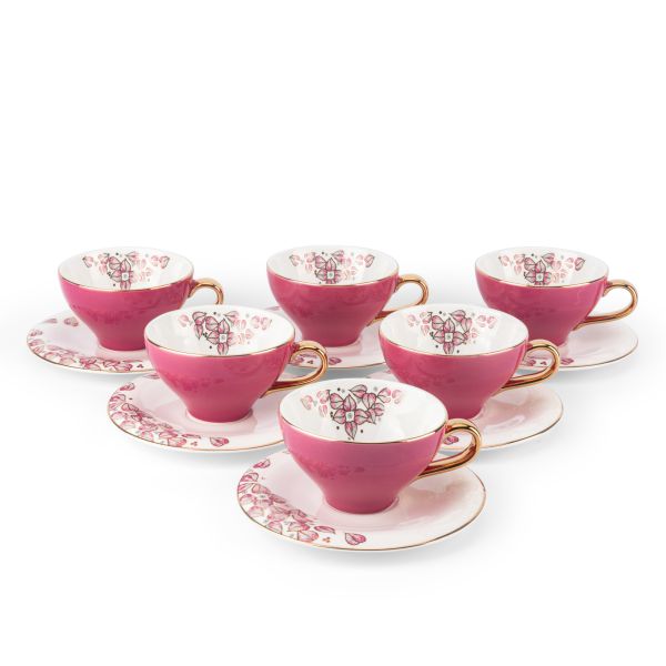 6cup 6saucer 200CC - white saucer pink cup+gold   