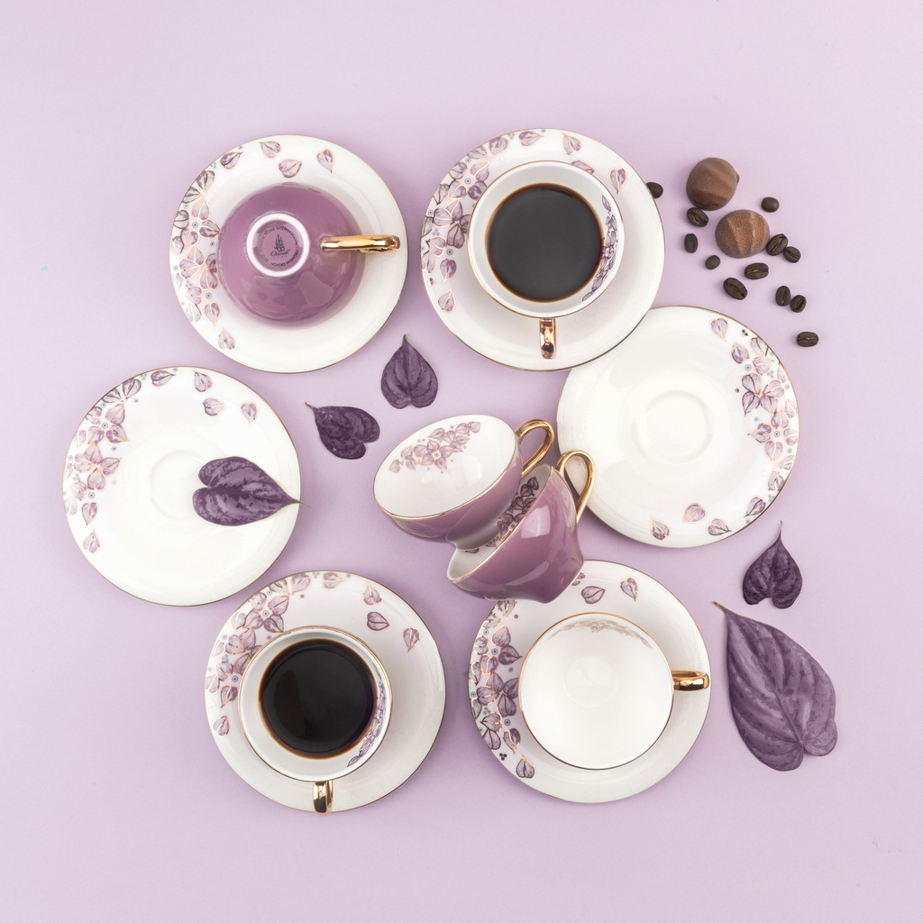 6cup 6 saucer 80CC - white saucer purple cup+gold   