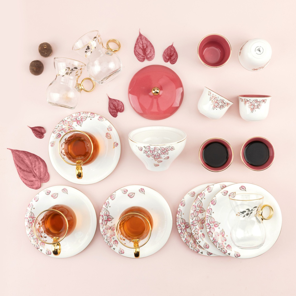 19pcs tea set ( 6 glass 6saucer 6 cawa 1 sugor) - pink w gold   