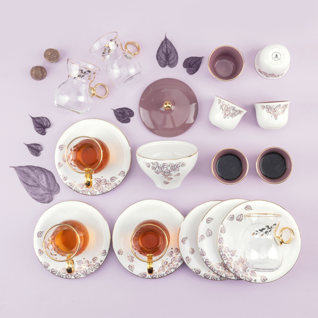 19pcs tea set ( 6 glass 6saucer 6 cawa 1 sugor) - purple w gold   