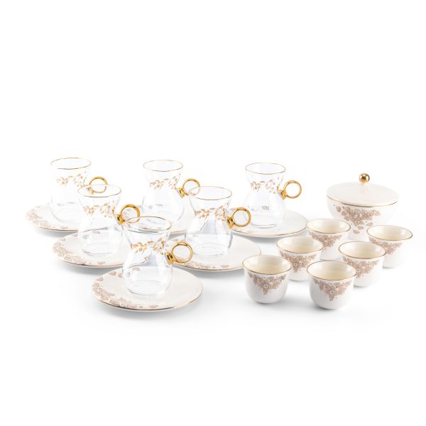 19pcs tea set ( 6 glass 6saucer 6 cawa 1 sugor) - snow white w gold   