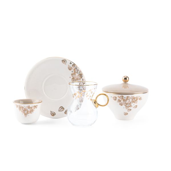 19pcs tea set ( 6 glass 6saucer 6 cawa 1 sugor) - beige w gold   